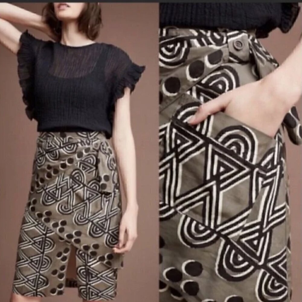 Maeve by Anthropologie Tribal Print Skirt Sz 4P Faux Wrap Linen Blend